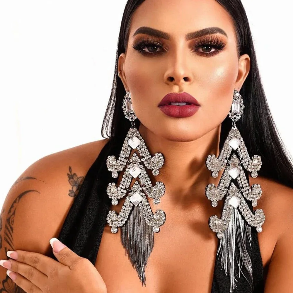 

Exaggerated High-end Fringed Rhinestones Exaggerated Large Earrings Women's Banquet Party Personalized Long and Thin Earrings