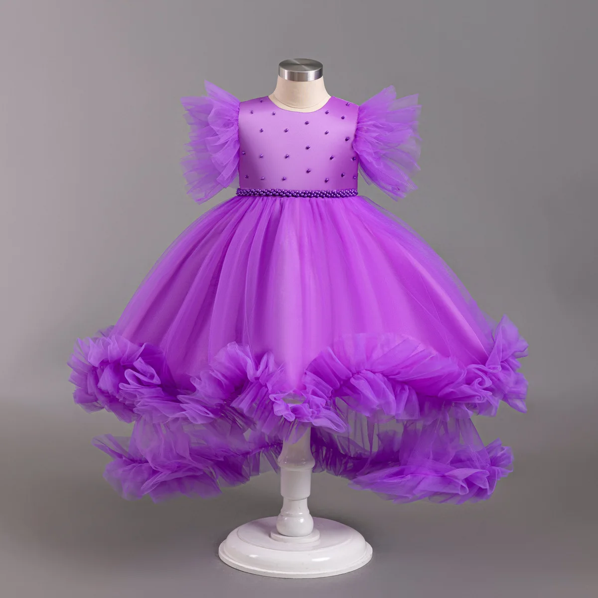 

Girls Bead Studded Bodice Pearl Trimmed Waistband Layered Tulle Skirt Kids Short Sleeved Tulle Ruffled Dress Children Gown
