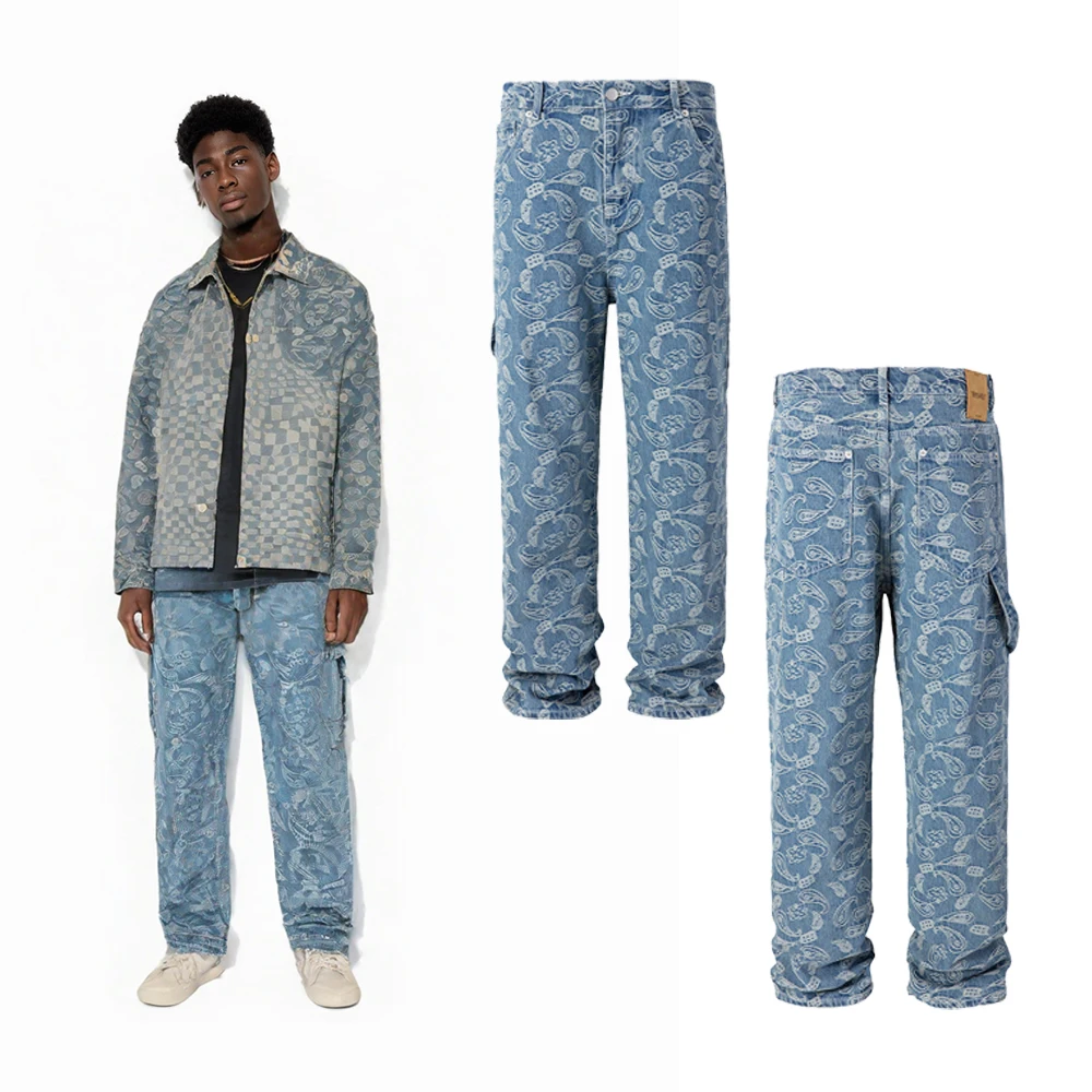 

Autumn and Winter Hip-hop Streetwear Ripped Jeans Vintage Retro Paisley Denim Jeans Street Style Men Casual Japanese Style 2000s