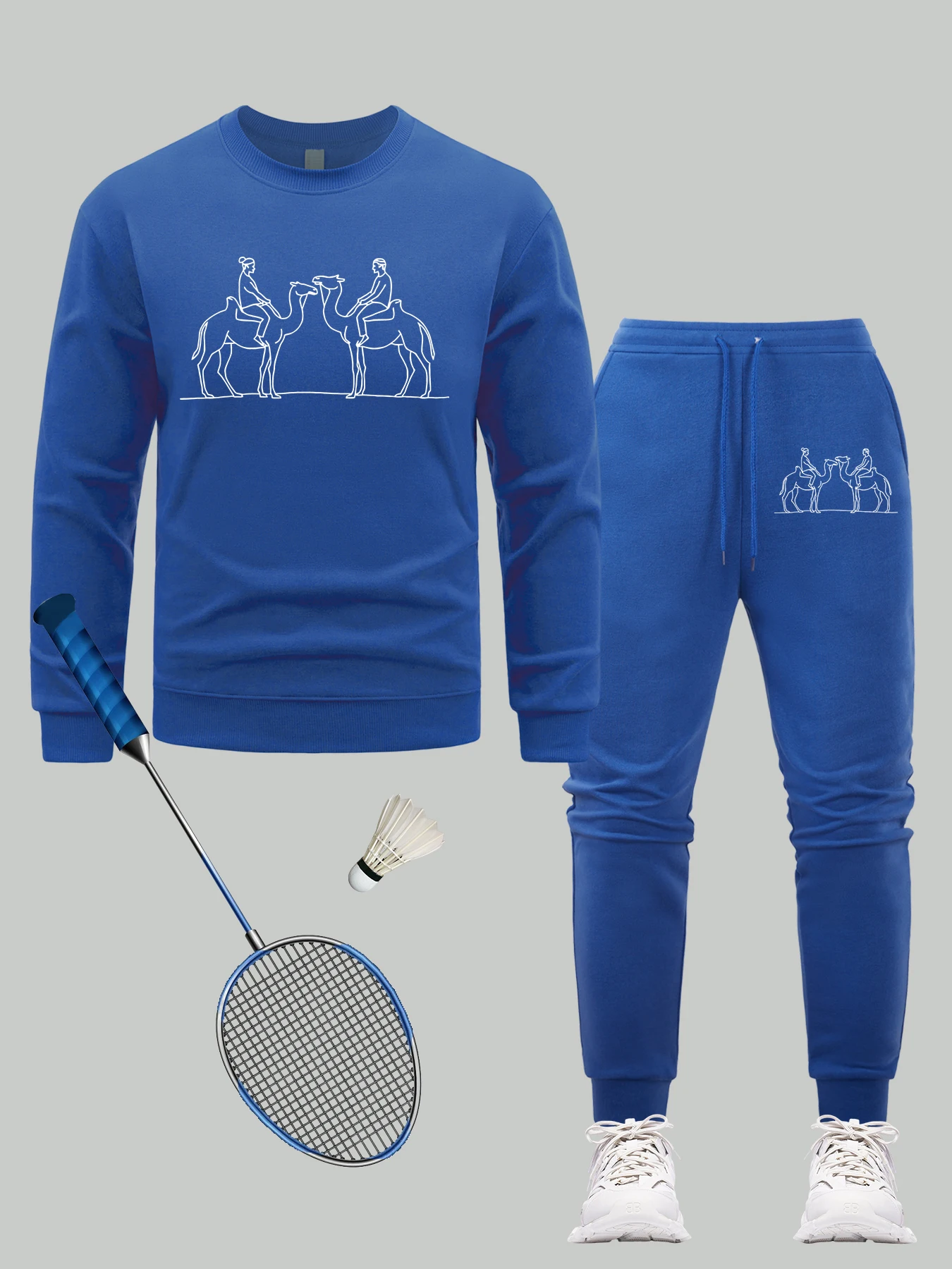 

Couple Riding Camels Print Men Sweatshirt Set Fashion Warm Pullovers Casual Loose Jogging Pants Autumn Fleece Man Sweatpant