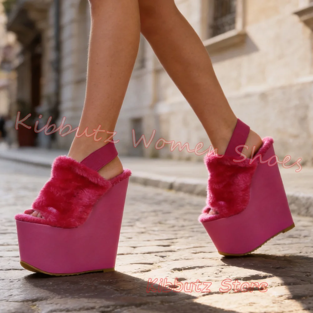

Platform Sandals Fur Height Increasing Round Toe Super High Women Retro Style Casual Fashion Comfortable Shoes Leather Sexy New