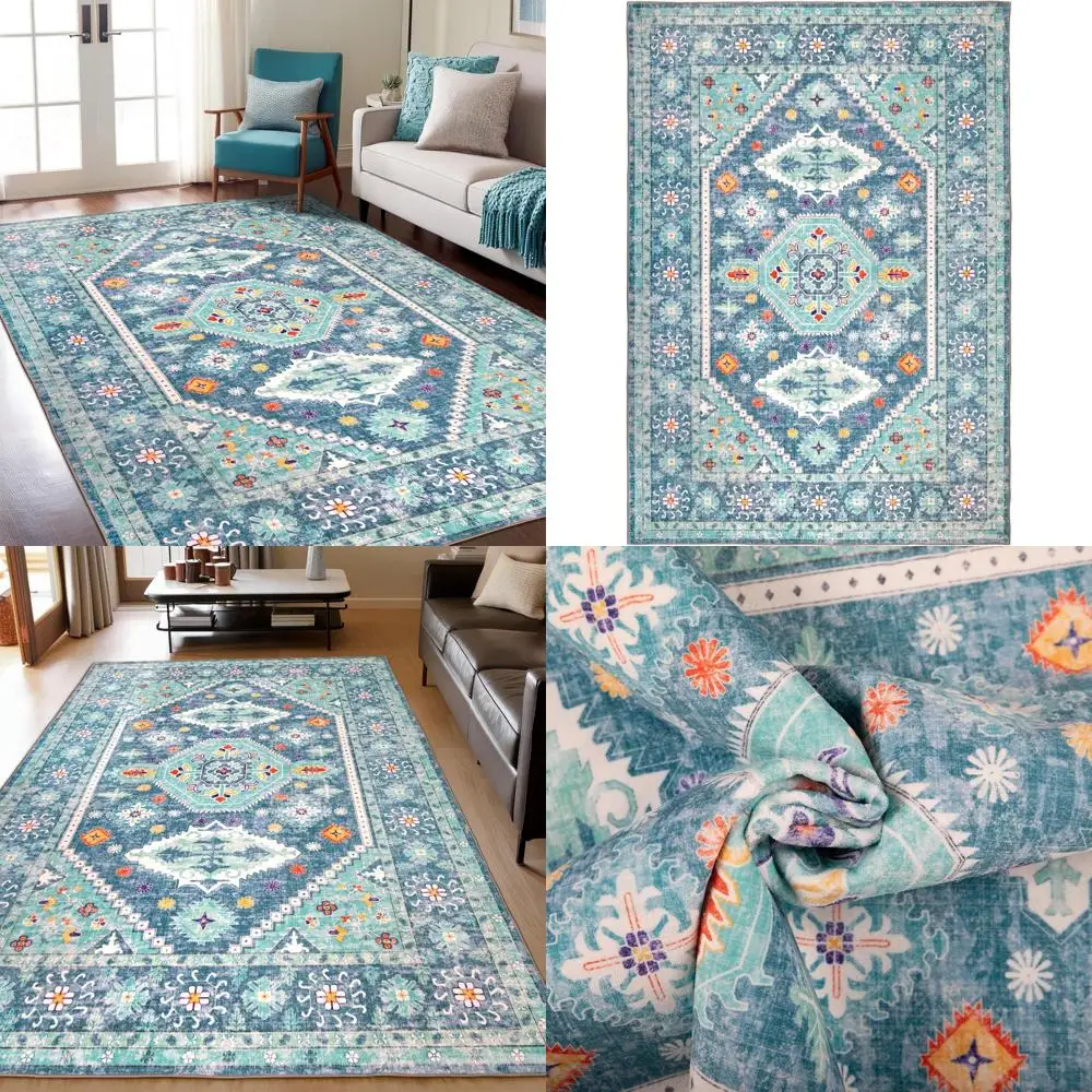 

Boho Floral 8x10 Area Rugs for Living Spaces - Lightweight, Machine Washable, Non-Slip Carpets for Bedrooms