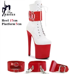 New Sexy Red Fetish Zip Women's Boots T Show Lock Belt Buckle Club Party Ankle Boots Thin High Heels Laces Stripper Heels Boots