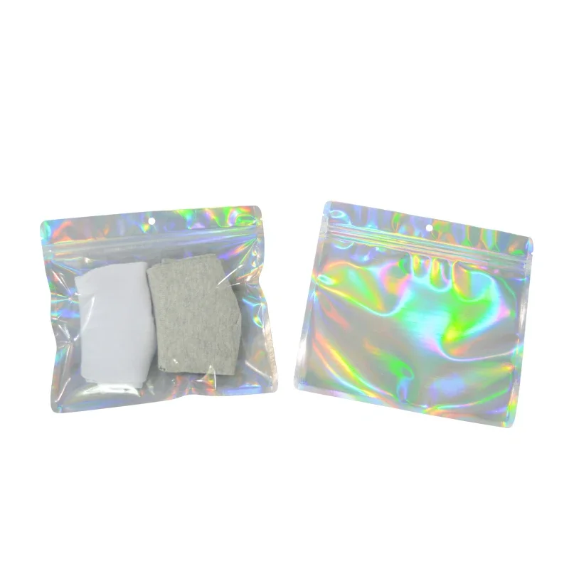 

100pcs Laser Ziplock Bag Cosmetic Brush Underwear Storage Self Sealing Gift Bag Transparent Holographic Plastic Bag Packaging