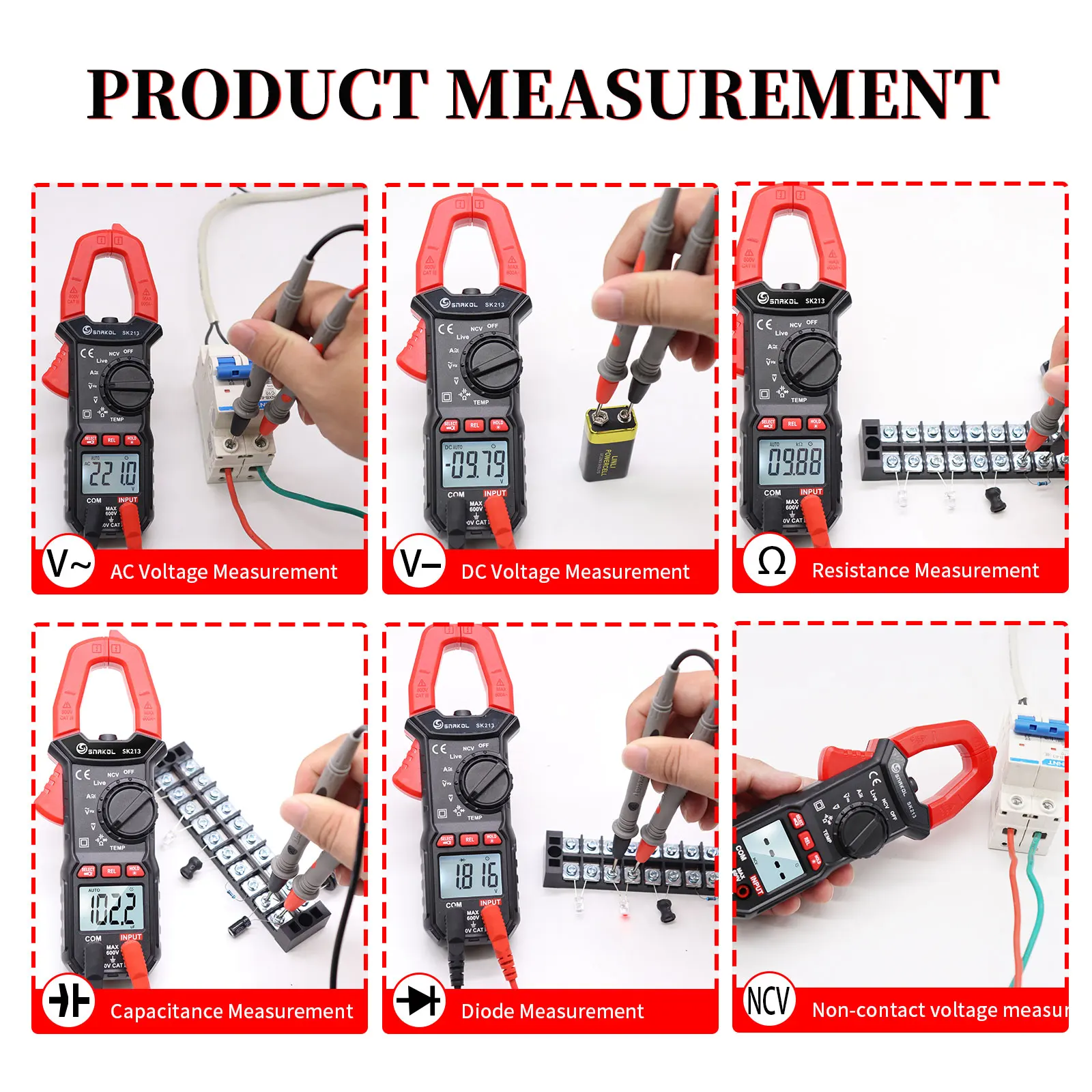 Imagem -05 - Digital Clamp Meter Ferramentas Profissionais Tester Elétrica Alicadores de Alcance Automático Amperímetro e Voltímetro 600a ac dc Current True Rms Sk213