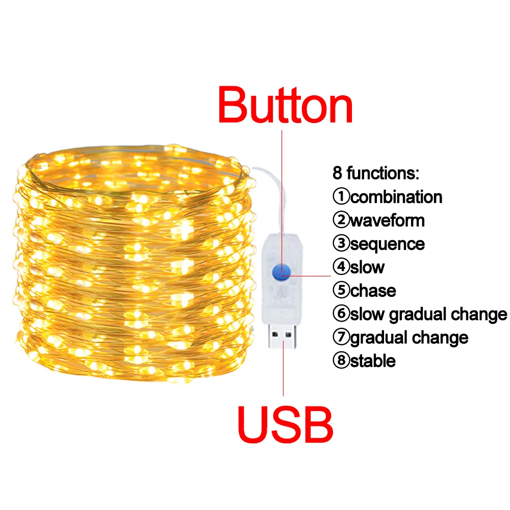 Led Fairy Lights USB Operated 8 modes LED Copper Wire String Lights IP65 Waterproof Garland  DIY Christmas Wedding Party Decor