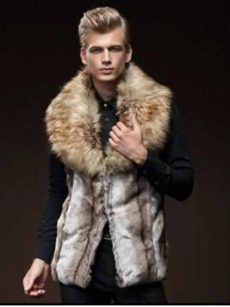 Men\'s Faux Fur Vest Slim Fit Lapel Big Fur Collar Short Waistcoat Men Jacket  Brown Leather Jacket Winter Warm Coat