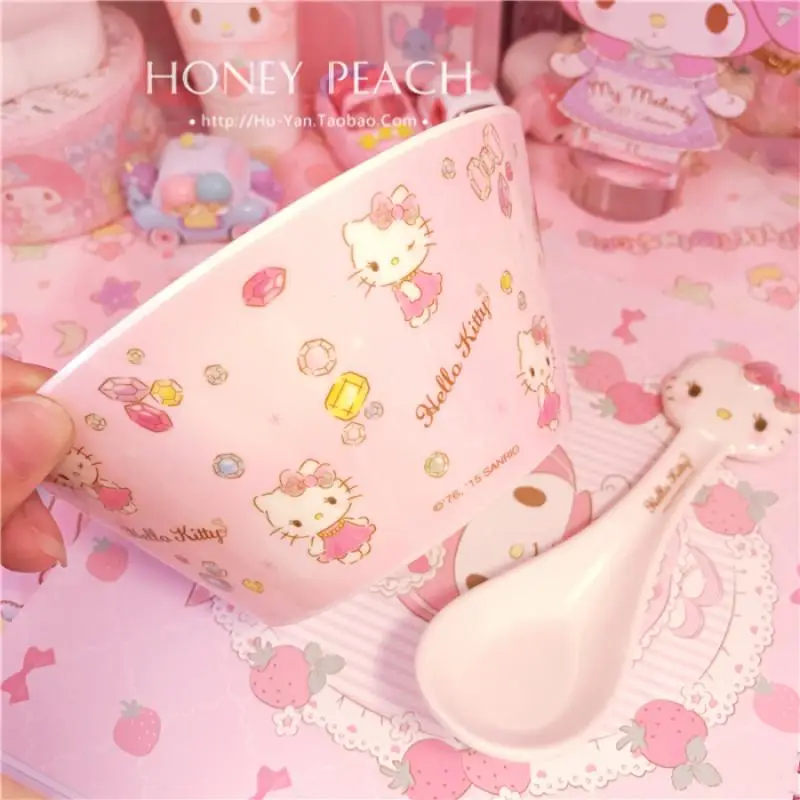 Kawaii Sanrio Tableware Accessories Hello Kittys Cartoon Melamine Bowl Set Cute Beauty Children Spoon Rice Soup Bowl Girls Gift