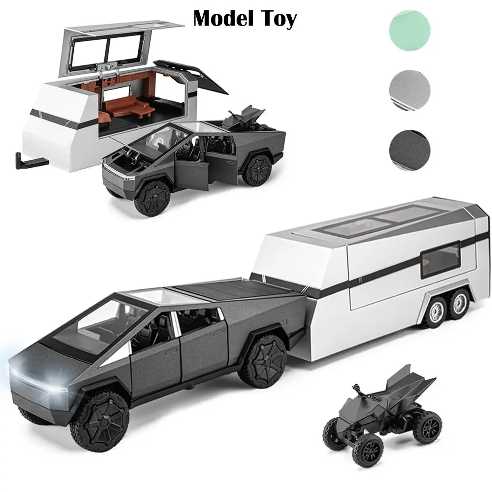 1/32 Cybertruck Toy Alloy with RV Motorcycle Pickup Truck Metal Die-cast Model with Sound/Light/Pull Back Trailer Model