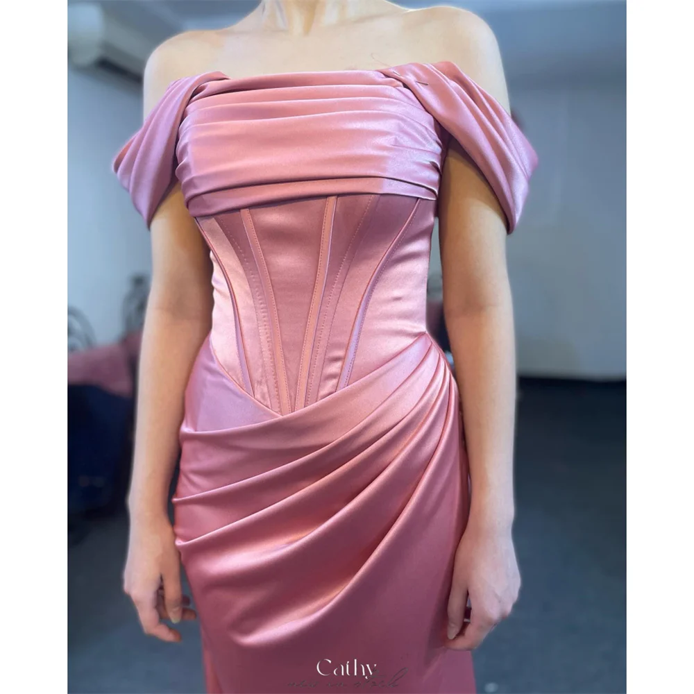 

Cathy Hot Pink Off Shoulder Pleated Prom Dress Simple Mermaid vestidos de noiva Sleeveless Customized Evening Dresses 2025