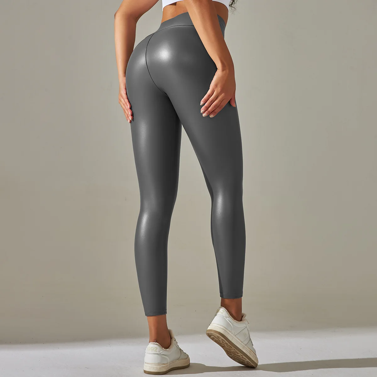 Leggings mit hoher Taille, Reißverschluss, PU-Leder, Yogahose, Damen-Faux-dünne Leggins, sexy, kurvige, elastische Bauchkontrolle, gerüschte