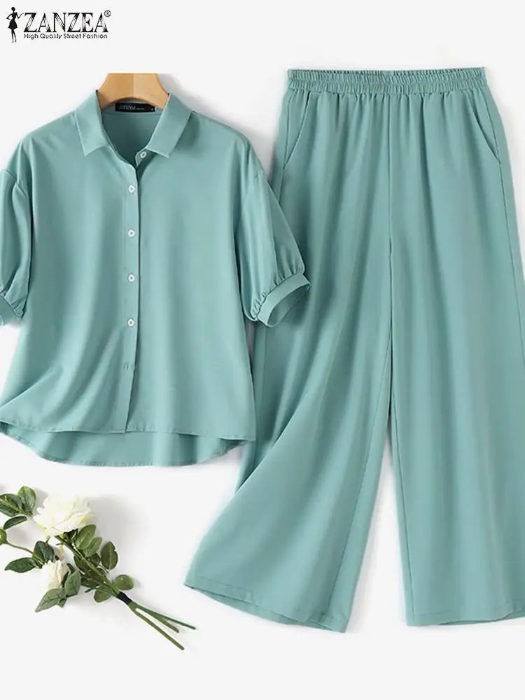 2024 ZANZEA Summer Matching Sets 2PCS Women Pant Sets Casual Short Sleeve Shirt Wide Leg Trousers Suits Solid Loose Tracksuits