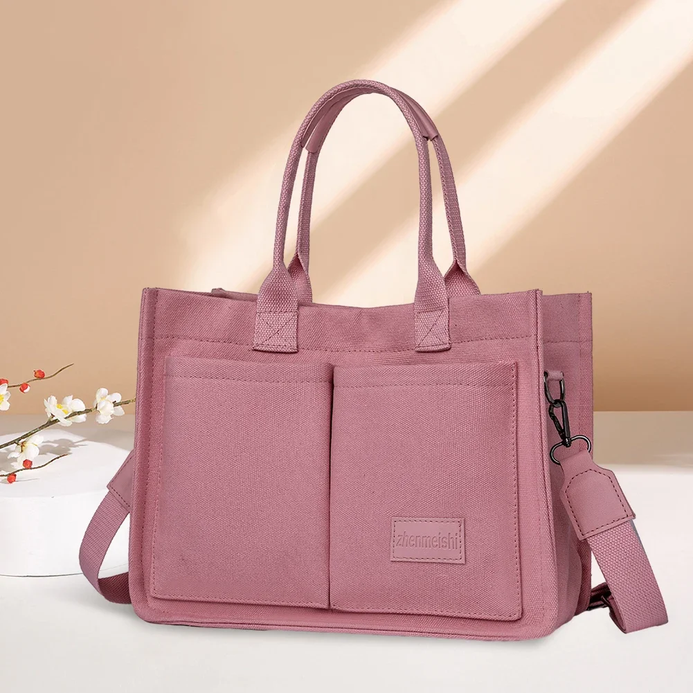 Women Retro Top Handle Bag Large Capacity Canvas Fashion Shoulder Bag Solid Color Adjustable Strap Square Commuting Bag