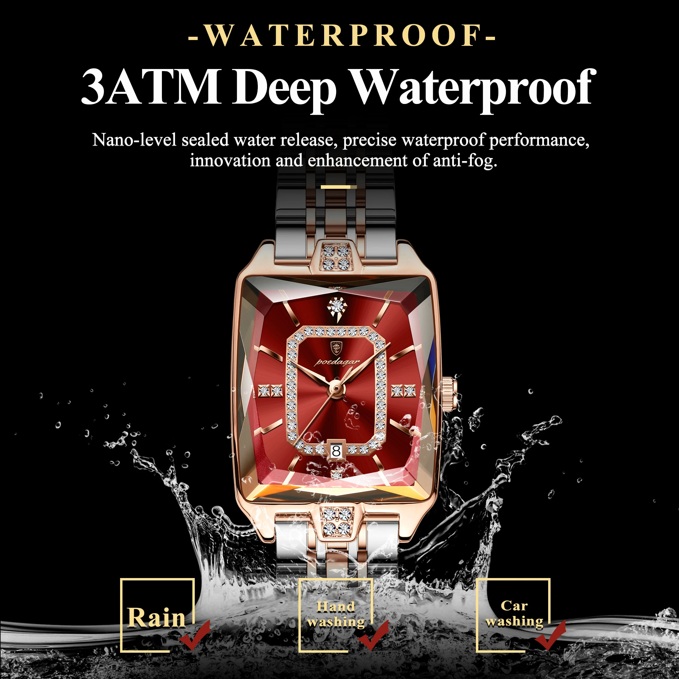 POEDAGAR Orologio di lusso da donna Elegante calendario impermeabile Orologio da donna Rettangolo Orologio da donna al quarzo in acciaio inossidabile Donna