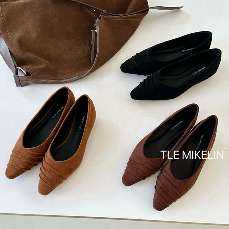 

2025 New Autumn Flats Ballet Shoes Women Shallow Brand Pointed Ballerinas Dress Office Shoes Wedges Heels Loafers Pleated Mujer