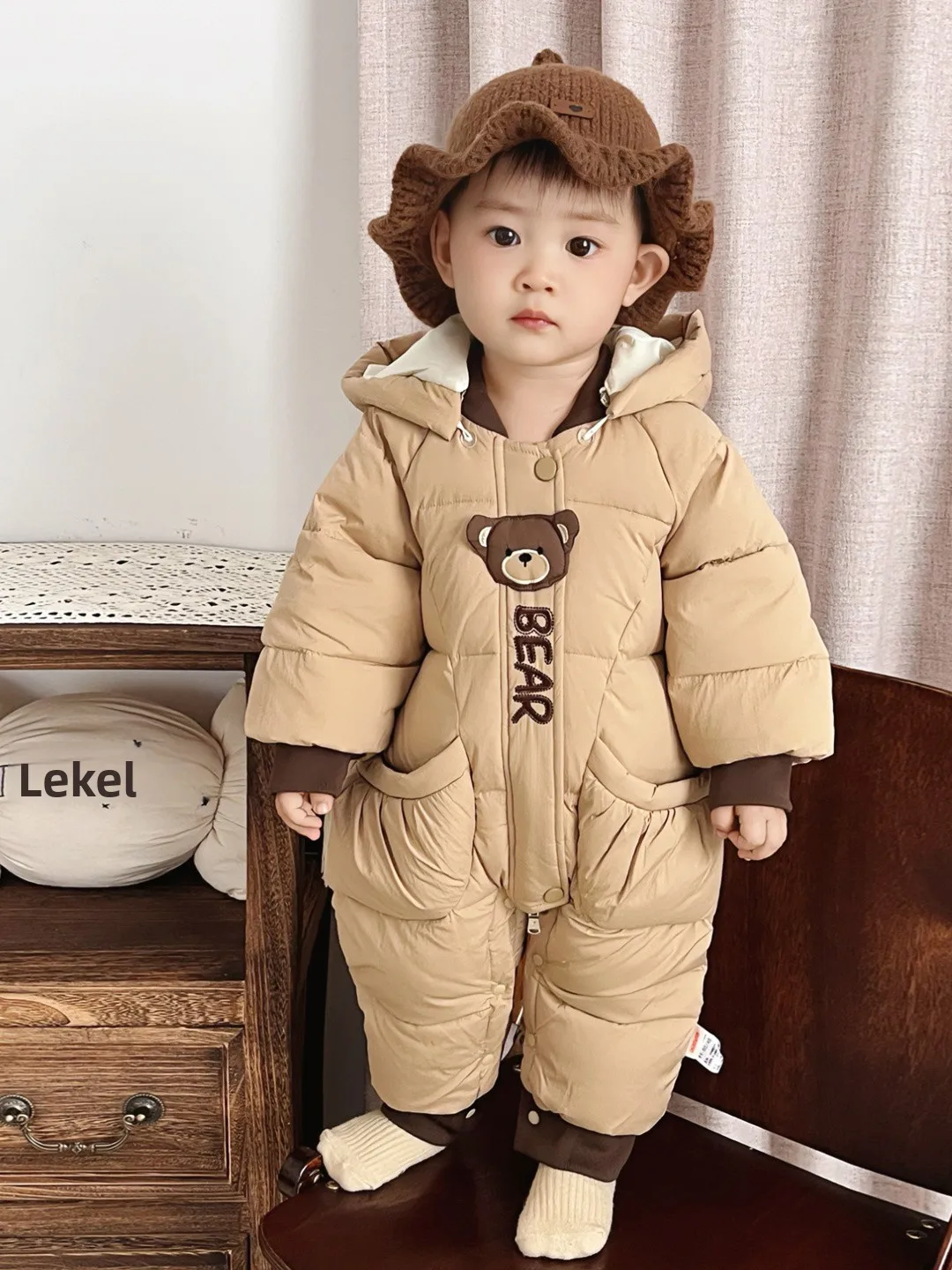 

Тонкий хлопковый костюм Rer для малышей, зимняя одежда, повседневная одежда со шляпой, застежка-молния, мультяшный узор ex