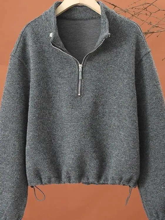 

Утепленная женская толстовка с длинным рукавом на молнии, с воротником-стойкой, свободного кроя, модная, осенне-зимняя новинка