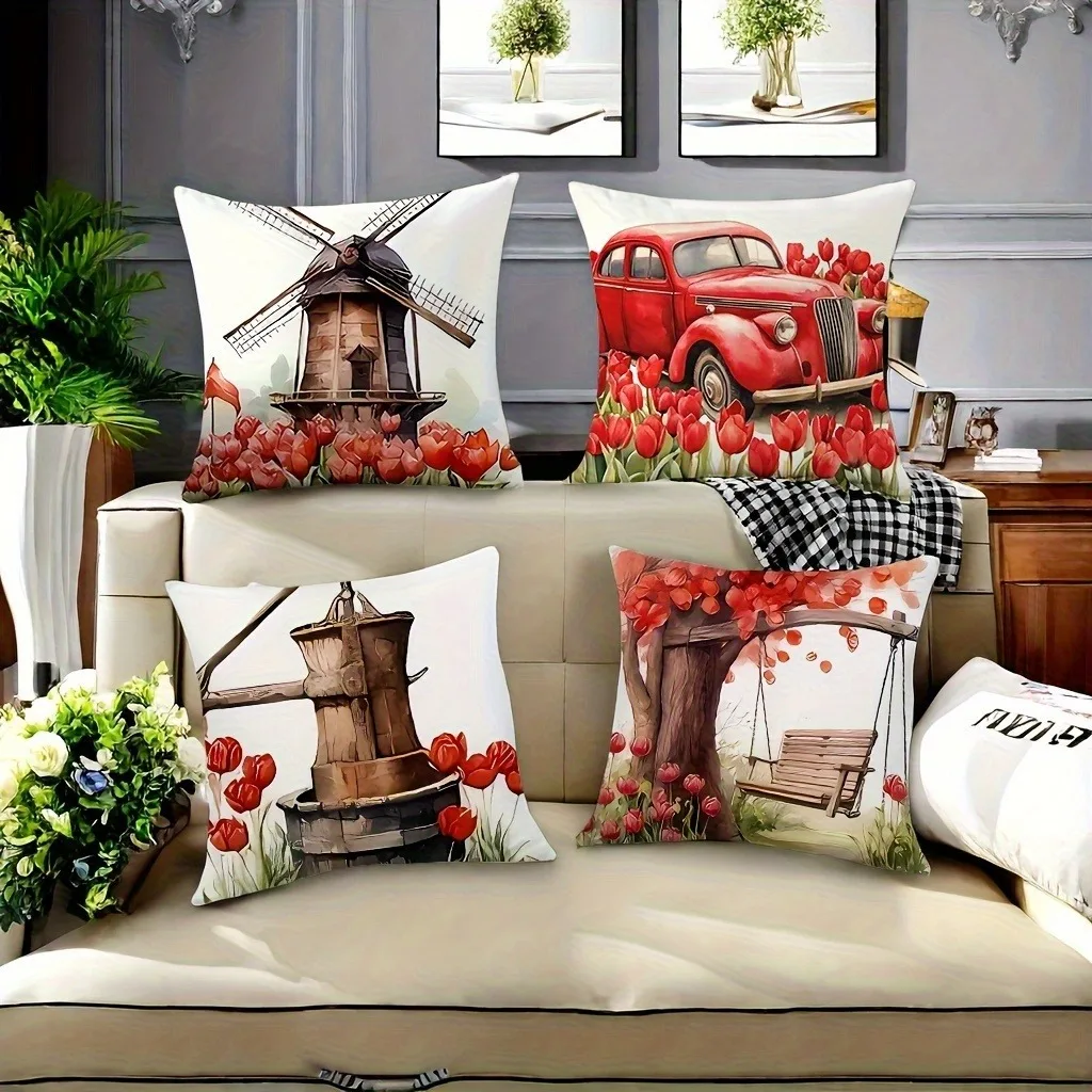 

Charming Dutch Style Pillowcase: Windmill & Tulip Pattern Decorative Pillow Cover