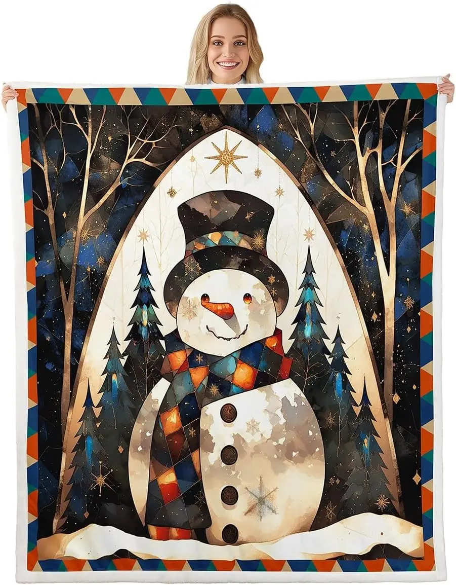 Snowman Fleece Blanket for Sofa, Night Blue Christmas Tree Sherpa Blanket ,Geometric Lattice Fuzzy Plush Throw Antique Victorian