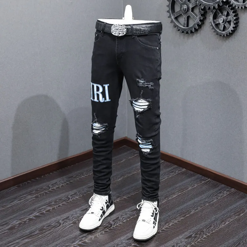 Fashionable new men's jeans with elastic tight fit and white patch splicing, designed by hip-hop brand retro black pants ho