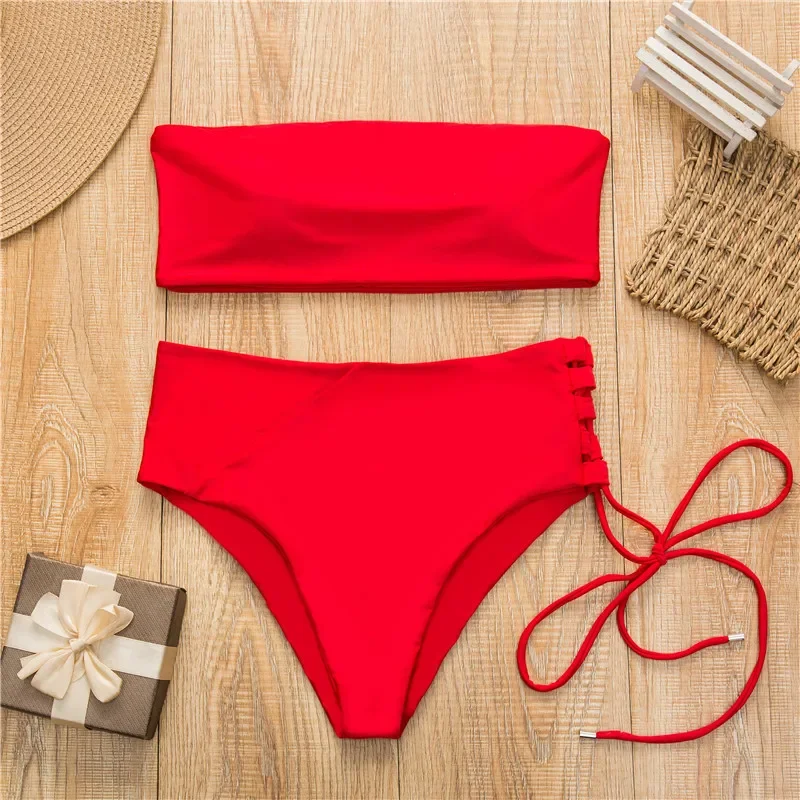 Sexy Bikini 2025 White Bathing Suit High Waist Swimsuit Solid Beachwear Adjust Bottom Swimwear Women Hot Bandeau Pads
