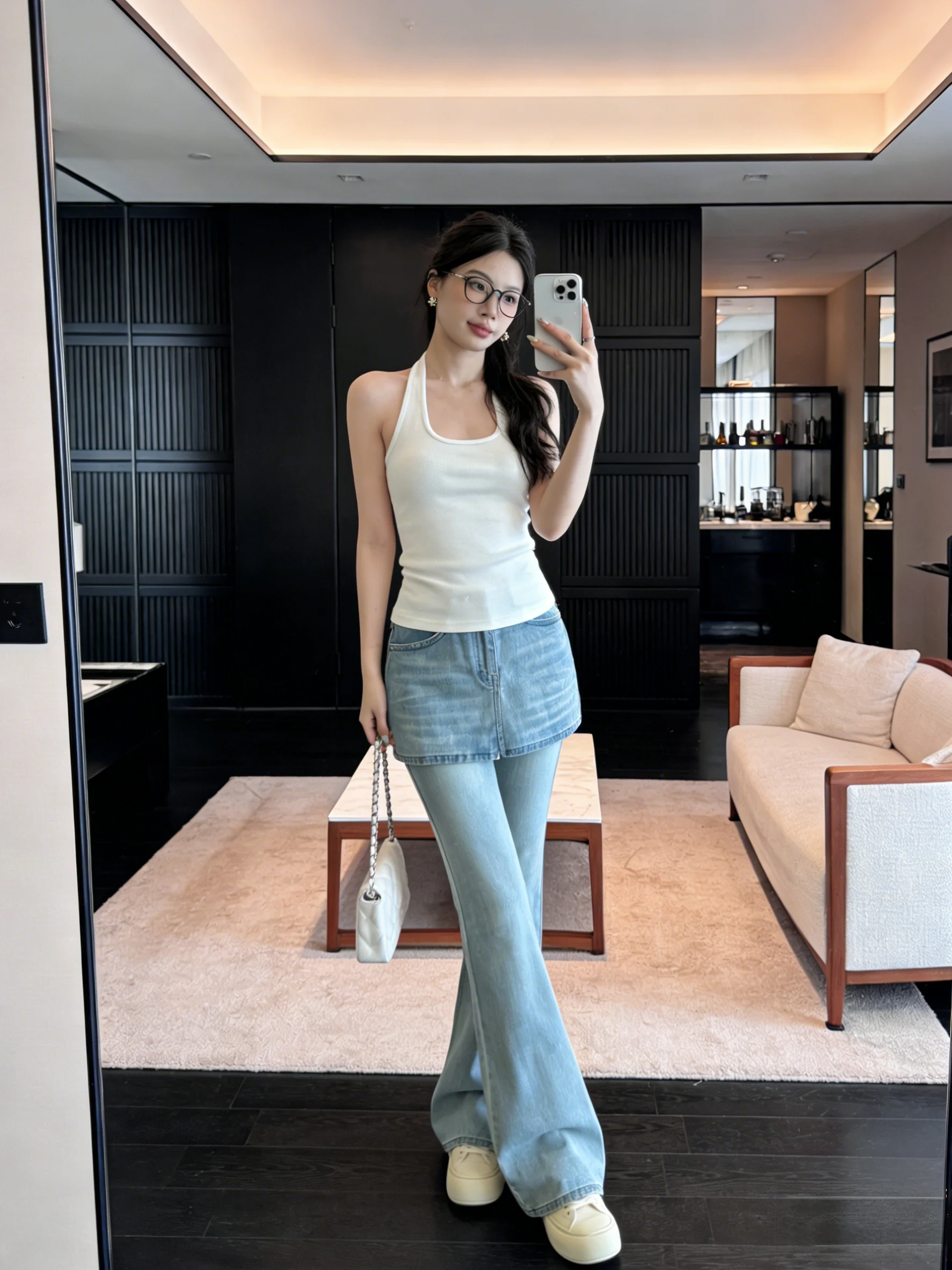 

Korean Style High Waist Bell Bottom Jeans Fake Two-Piece Design Slimming Light Blue Casual Daily Women's Long Pants