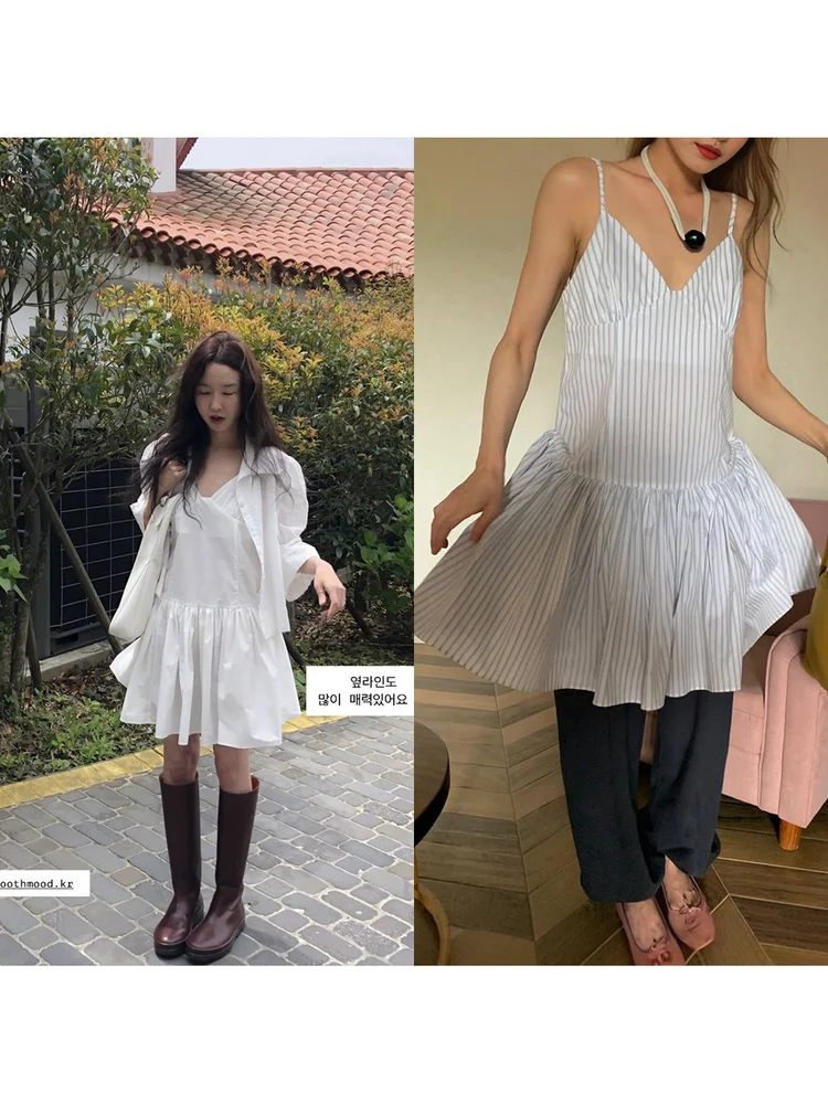  Sle Vintage Gentle Stripe V-Ne Puffy Skirt ter Dr Women Summer Casual High Waist A-Line Gown Single Piece