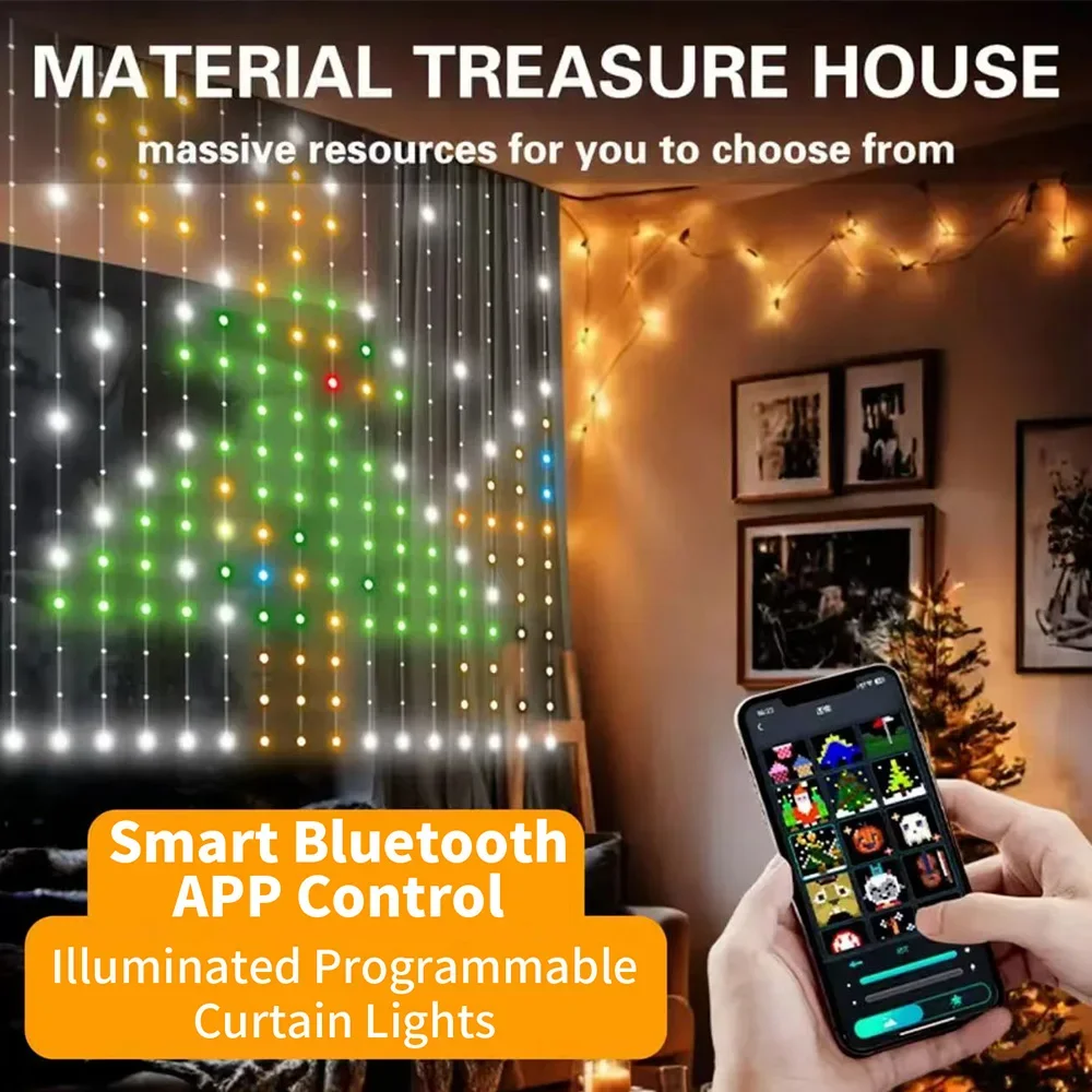 WS2812B Tirai Pintar Tali LED Lampu RGBIC Gambar Kontrol Aplikasi Bluetooth Karangan Bunga Pernikahan Dekorasi Natal Lampu Peri DIY