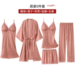 FZSLCYIYI Women's Pajamas Silk Polka dot  5Pcs set nightwear Satin Pajamas Sexy Lace Pyjama Nightie Sleepwear Home Clothes