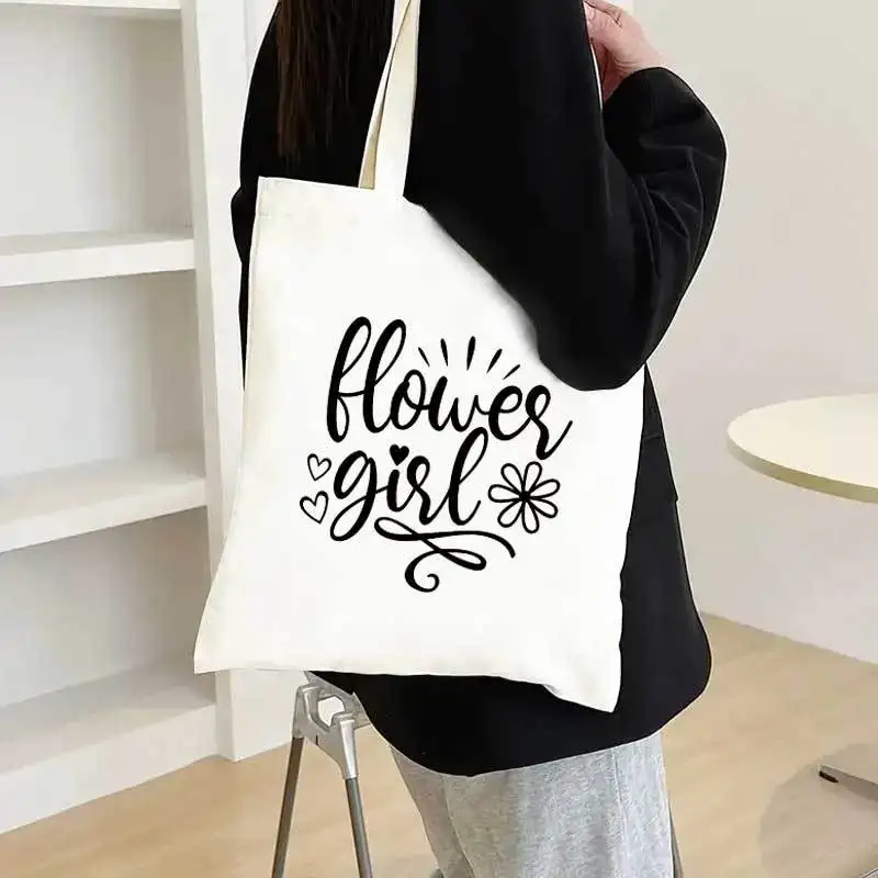 

Flower Girl" Canvas Tote Bag Spacious Durable Ideal for Weddings Bridal Parties Picnics Travel Large Capacity Canvas Bag