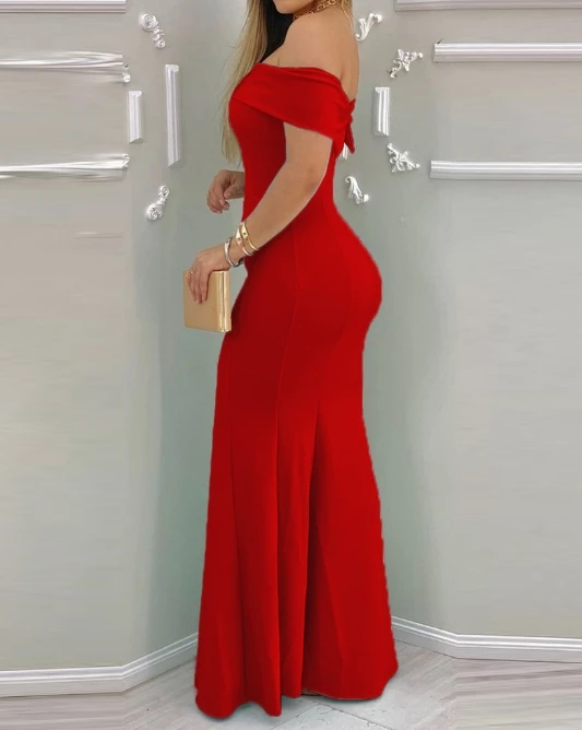 Celebrity Style Long Skirt for Women 2024 Summer Elegant Sexy Short Sleeve Red One-Shoulder Party Banquet High-Waisted Dress