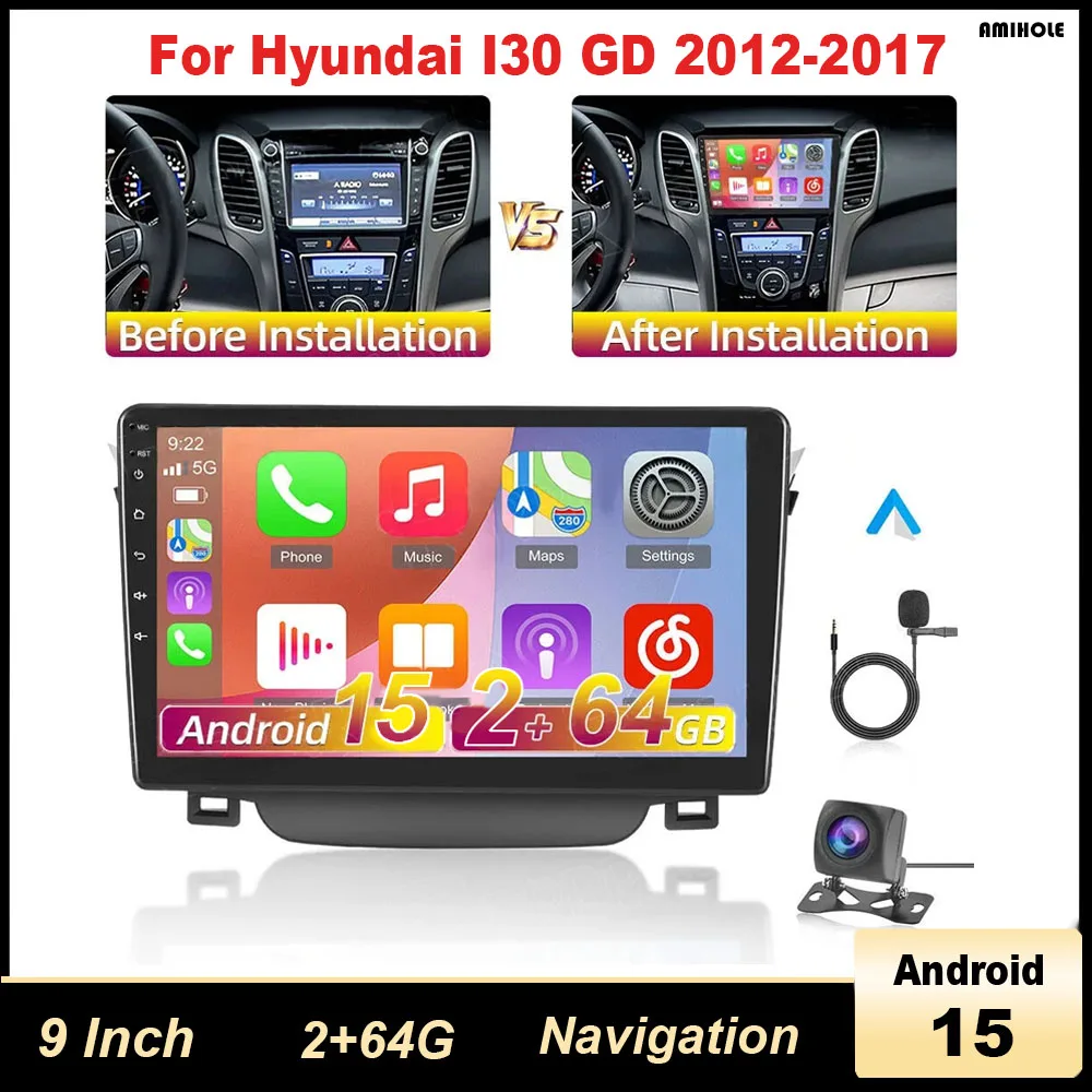 9 بوصة - تتميز بوظيفة CarPlay وAndroid Auto 2+64 جيجابايت للملاحة الداخلية لسيارة Hyundai i30 GD Android 15 لعام 2012-2017 #1