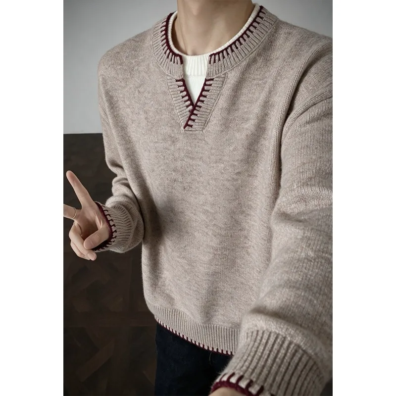 Autumn New Plus Size Fake Two Piece Crew Neck Mens Sweater Casual Loose Knitwear Warm Long Sleeve Male Knitted Top