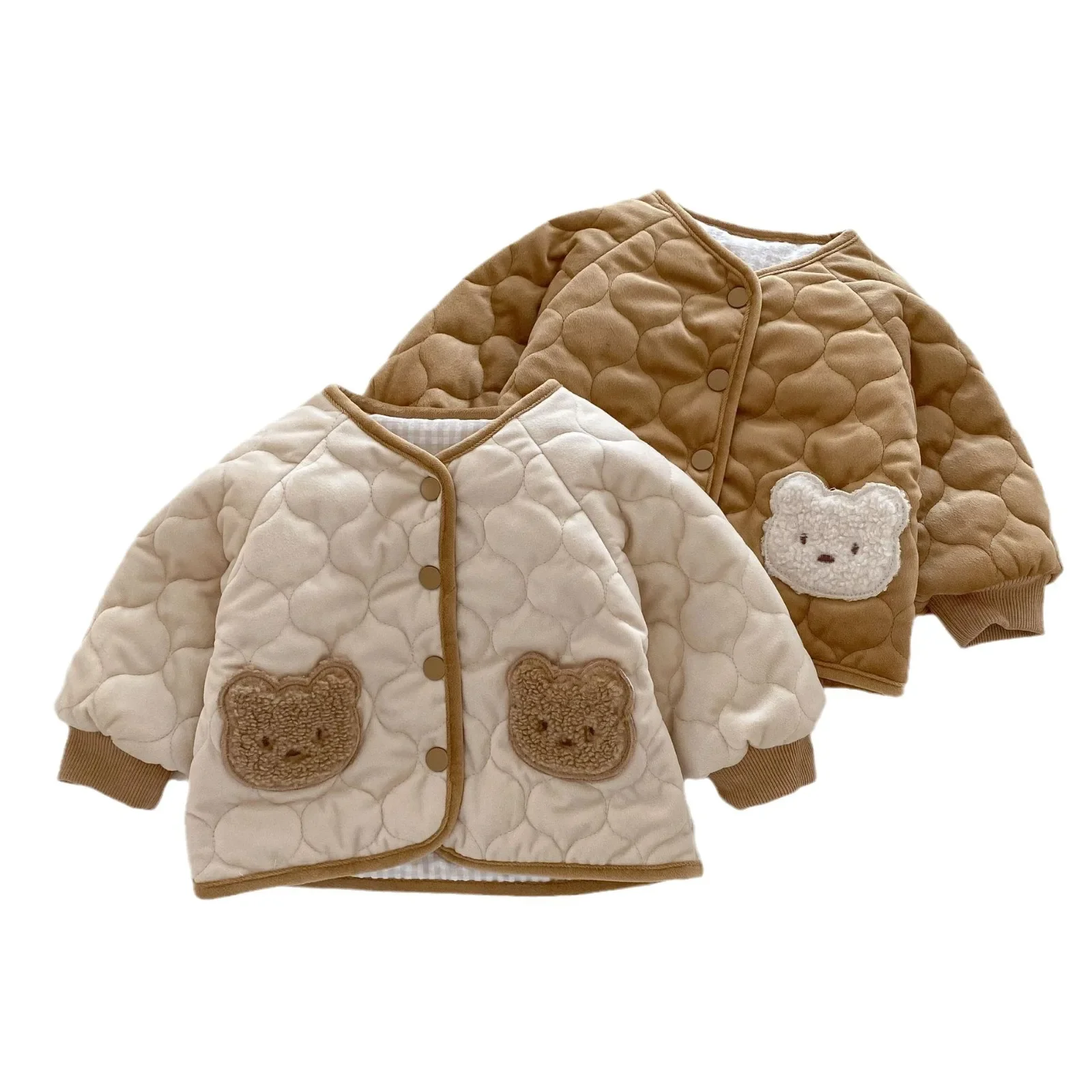 2024 Winter New in Kids Baby Boys Girls Thicken Quilted Cartoon Bear Top Outfits , Toddler Infant Warm Jacket Outwear 0-5Y