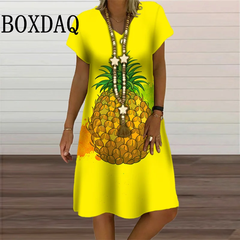 

Tie Dye Painting Pineapple Print Dresses For Women 2024 Fashion Sweet Casual V-Neck Short Sleeve Dress Summer Plus Size Sundress