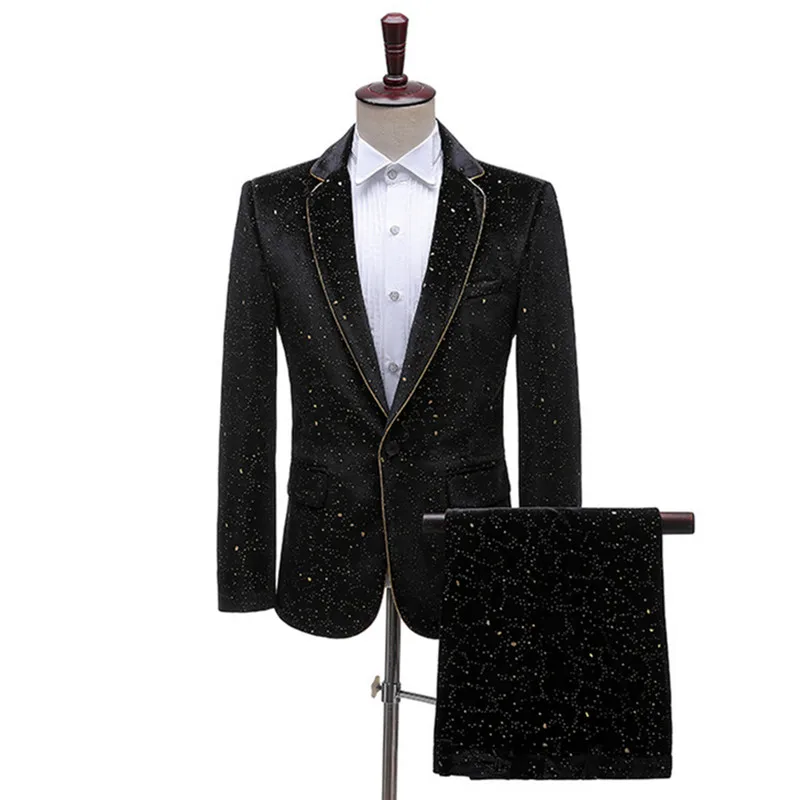 

Formal Men's Wedding Suit Royal Blue/Black Flat Velvet Blazer Pants Set Host Banquet Evening Party Photo Shoot 2-Piece Suits