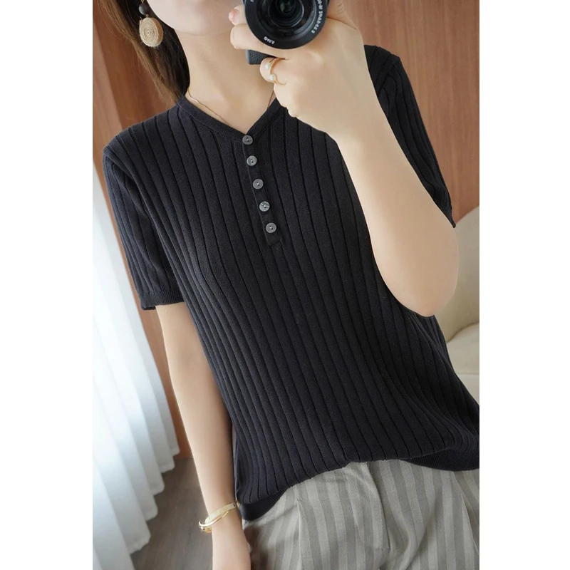 Women Fashion Elegant Simple V Neck Short Sleeve Ribbed Knitted T-shirt 2024 Summer Casual Solid Basic Pullover Tops Ropa Mujer