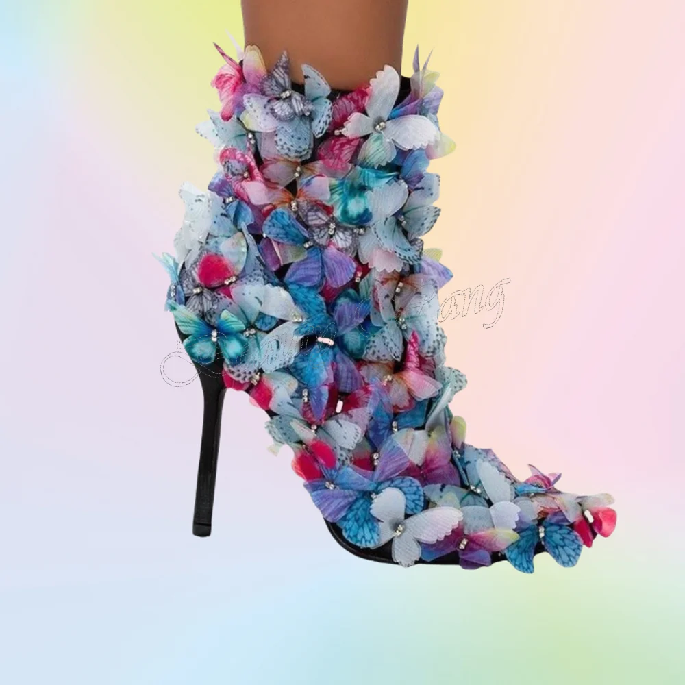 

Mixed Color Butterfly Decor Boots Ankle Shoes Zipper Pointed Toe Cover Heel Thin High Heel Shoes for Women 2024 Zapatillas Mujer
