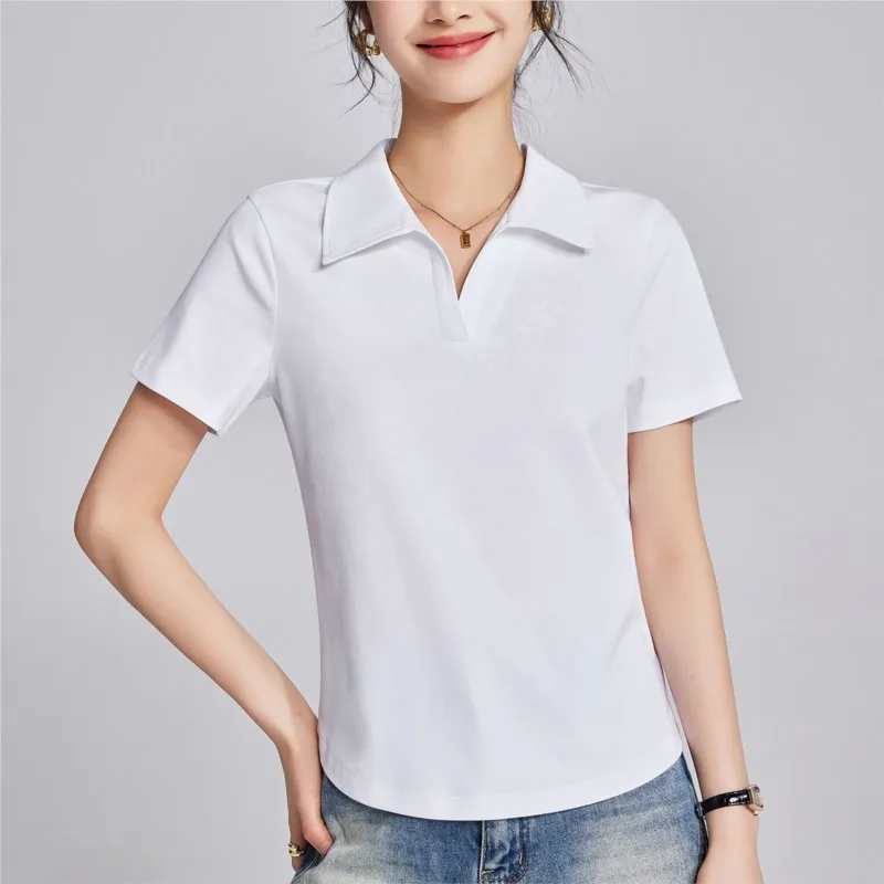 BOWEYLUN 80S футболка из мерсеризованного хлопка с короткими рукавами, женская летняя новая однотонная рубашка-поло с положительным плечом для женщин