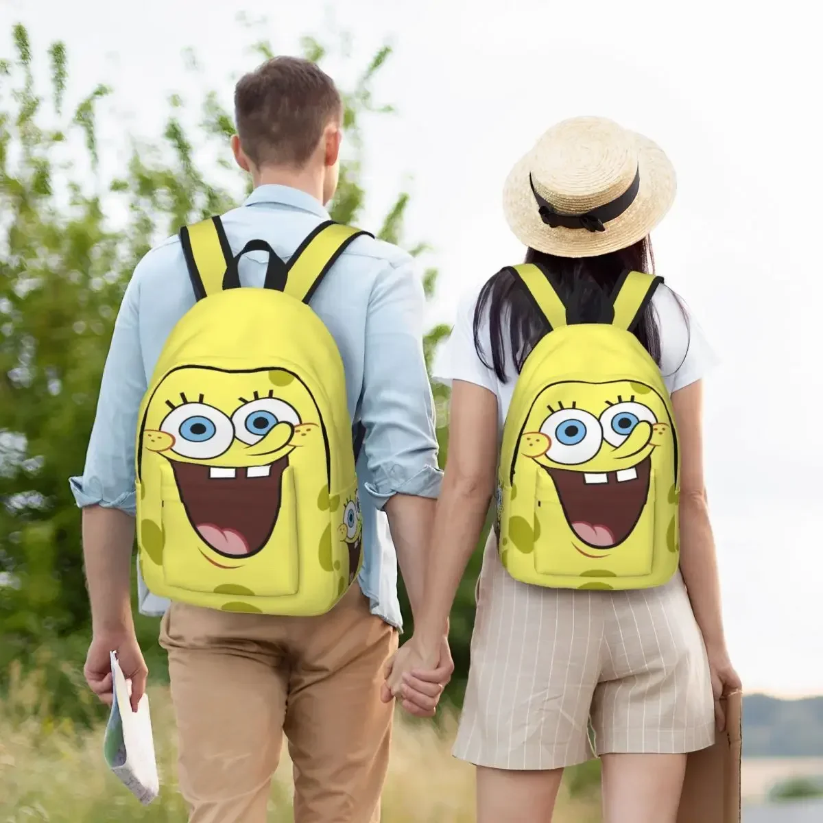 SpongeBobing Face Backpack for Boy Girl Kid Student School Bookbag Cartoon Canvas Daypack Preschool Kindergarten Bag with Pocket