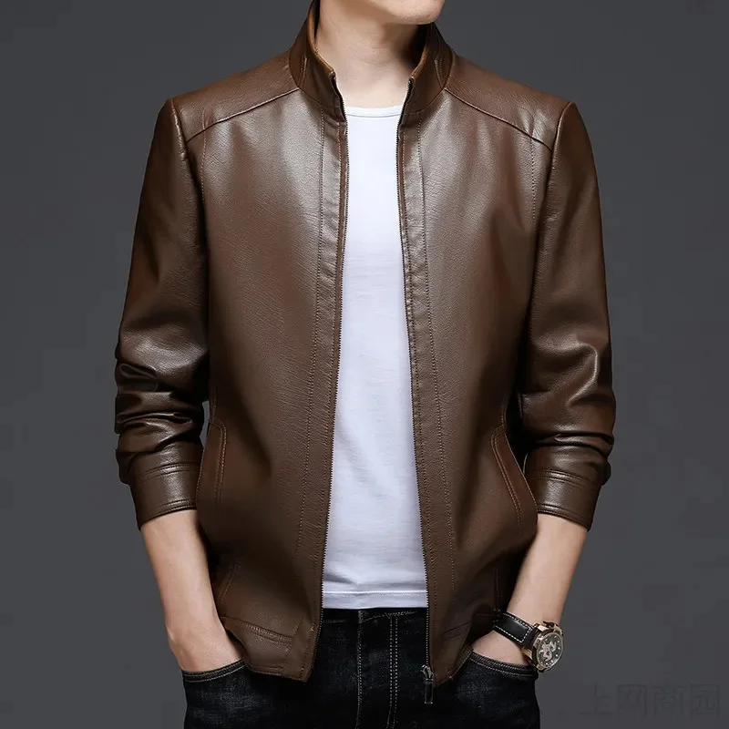 2023 Autumn New Fashion Large Size Clothing Slim Fit Stand Collar Casual Biker Leather Jacket Men Solid Color Top