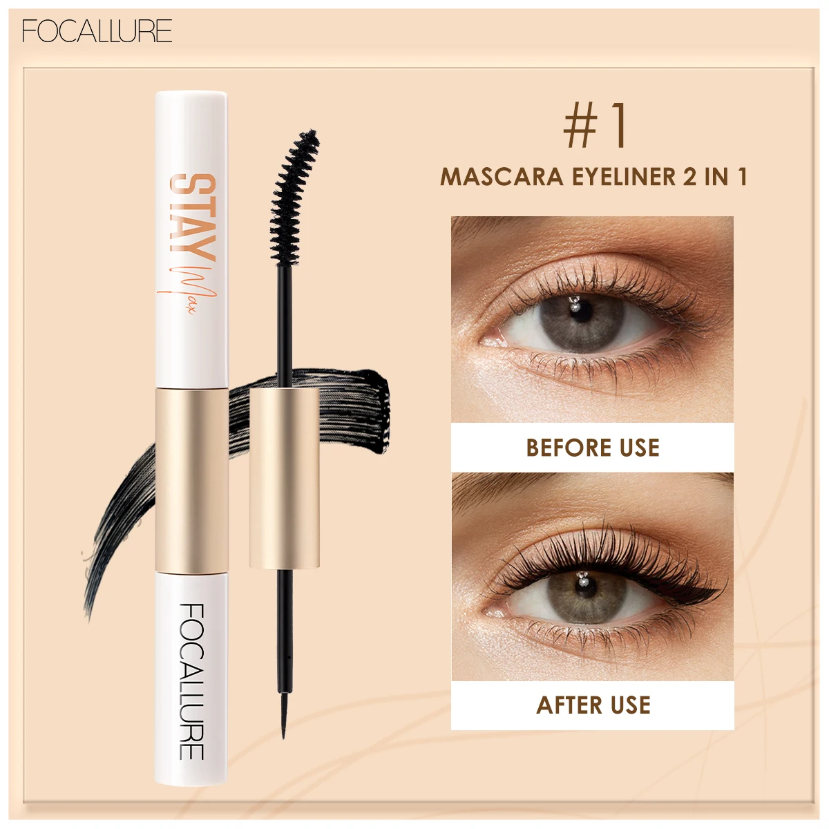 Wholesale FOCALLURE 2 In 1 Mascara Eyliner Makeup Eyelashes Lengthening Natural Fiber Eye Lashes Waterproof Eye Cosmetics