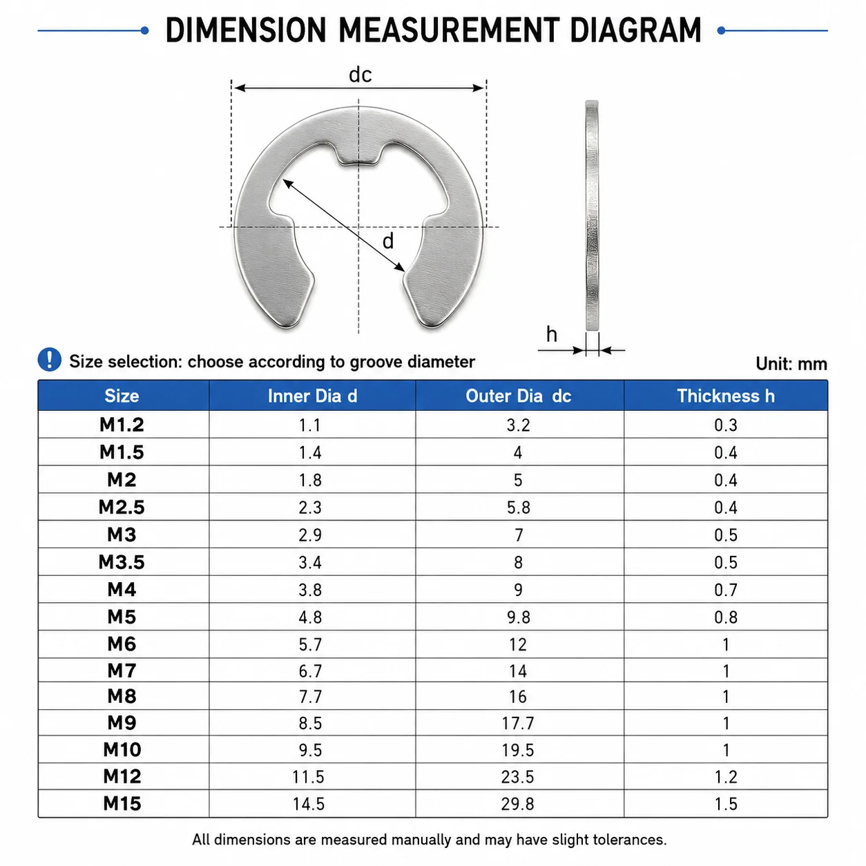 M1.2-M15 E Clip Retaining Rings 304 Stainless Steel or Black Carbon Steel Shaft Snap Ring Circlip for Axle Motor Machinery Parts