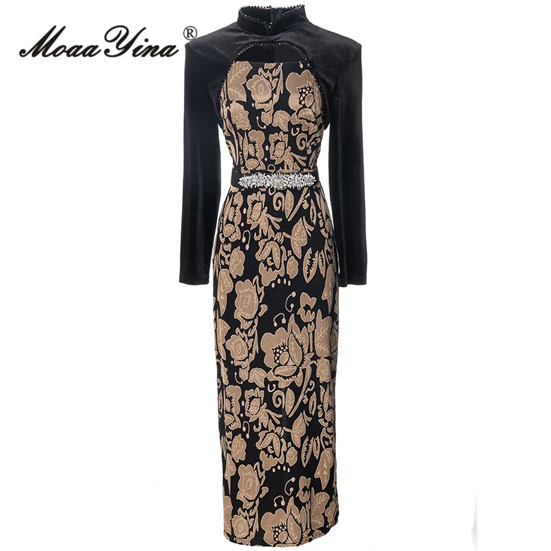 

MoaaYina Autumn Fashion Designer Vintage Print Spliced Dress Women's Beading Diamond Sashes Package Buttock Slit Slim Long Dress