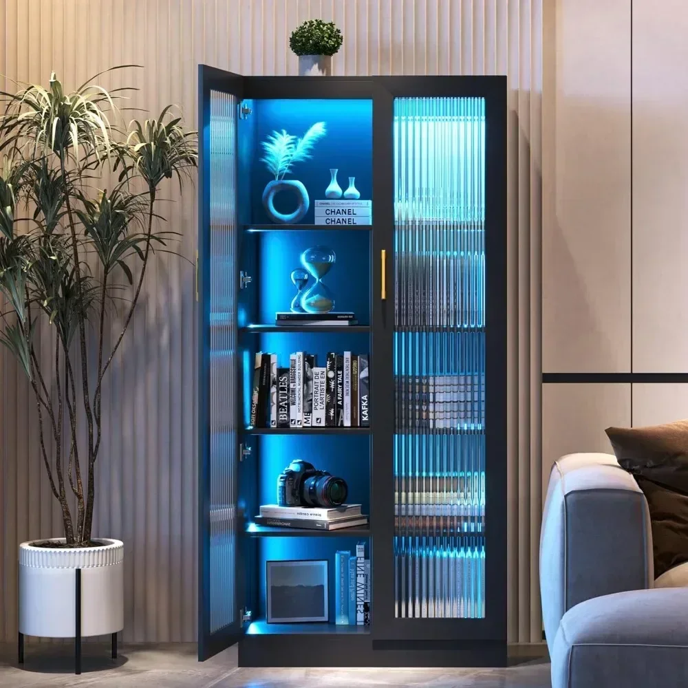 Glass Display with LED Lights, Curio Cabinet with 2 Doors and Tall Bookcase Modern Bookshelf, Kitchen Pantry Glass Display