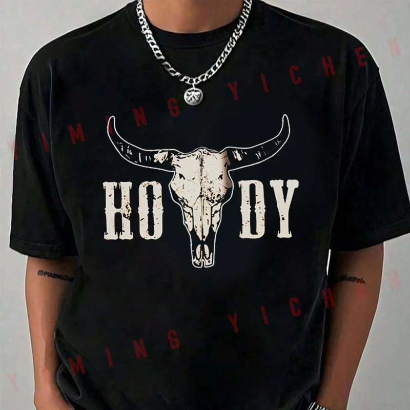 Western Cowboy HOWDY Bull Skull Print Motorcycle T-shirt Casual Trendy Tshirts For Summer Comfortable Short Sleeve Tops