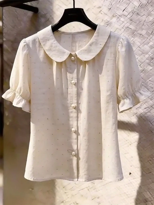 

Elegant Korean Style Short Sleeve Doll Collar Top Women's Fashionable Summer Shirt Ladylike Design Age-Defying Trendy Look