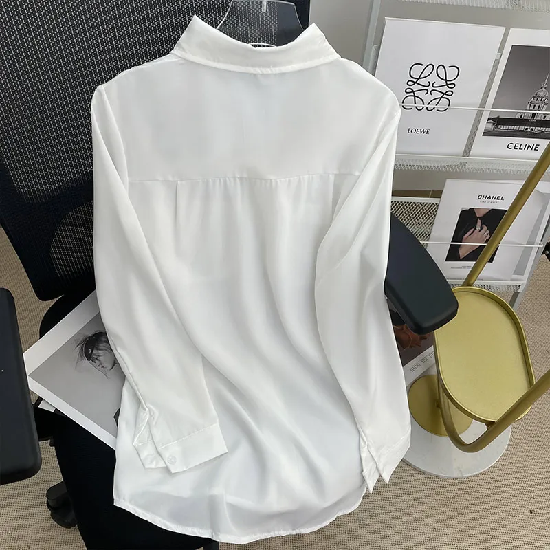 Women\'s Elegant Long Sleeve Office Blouse Formal White Shirt Pure Colour OL Work Wear Solid Blouse Fashion Ladies Clothes Tops