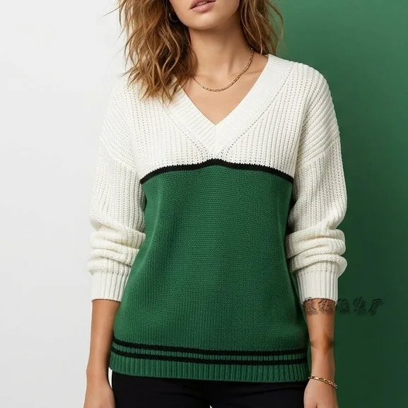 Women's Sweater 2026 Spring Autumn New Fashion Color Blocking V-neck Long Sleeve Loose Fit Versatile Casual Pullover Sweater