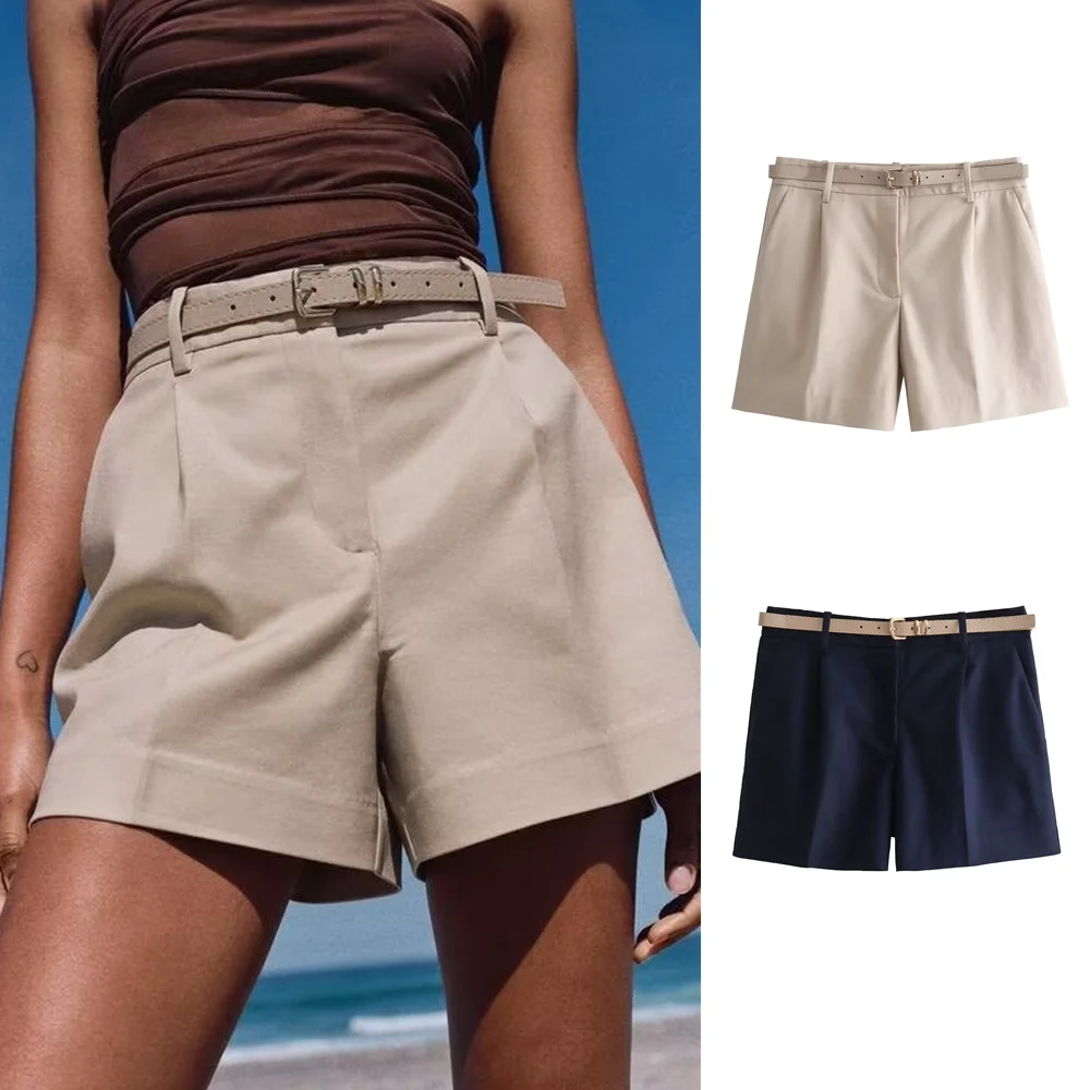 Taop&Za 2024 Women's Fashion European and American Style Commuting Fashion Versatile High Waist Belt Casual Shorts